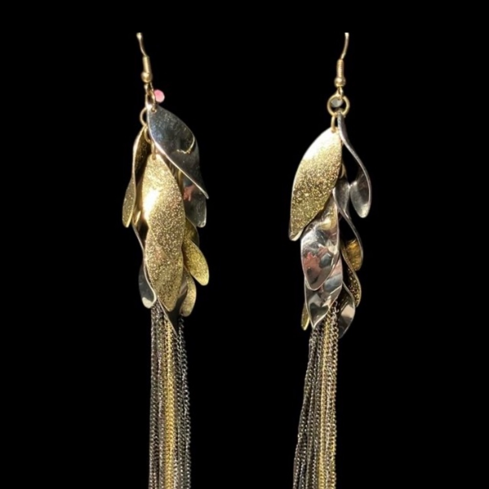Elegant Gold Tone & Silver Tone Shoulder Duster Earrings Necklace & Bracelet
